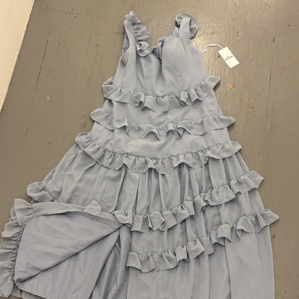 Chic Ruffled Light Blue/Gray Maxi Dress
